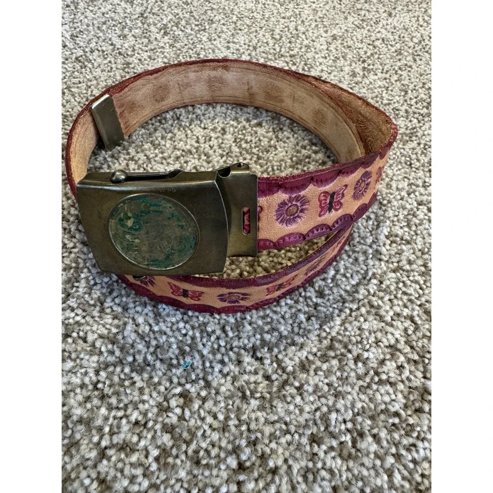 Vintage Girls Leather Belt Flowers And Butterflies Metal Fairy Ethereal